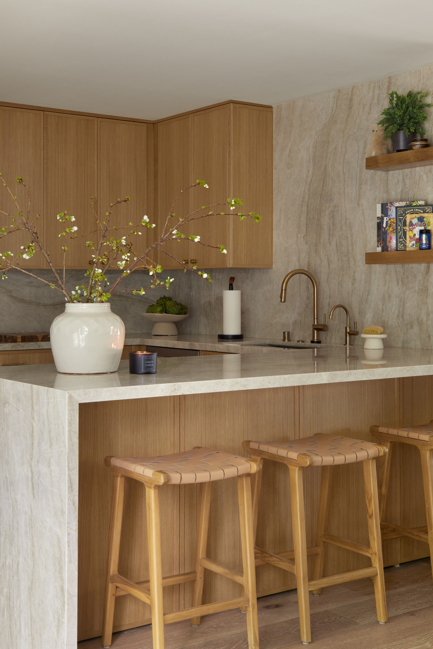 Home interior design with wooden counter stool and marble top table