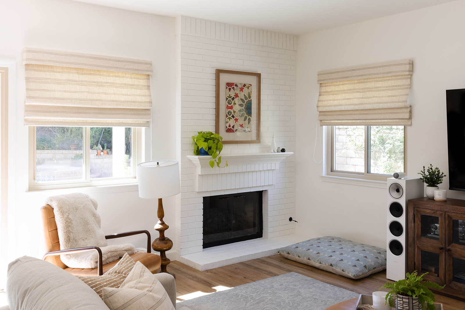 Decorated living room with a fireplace