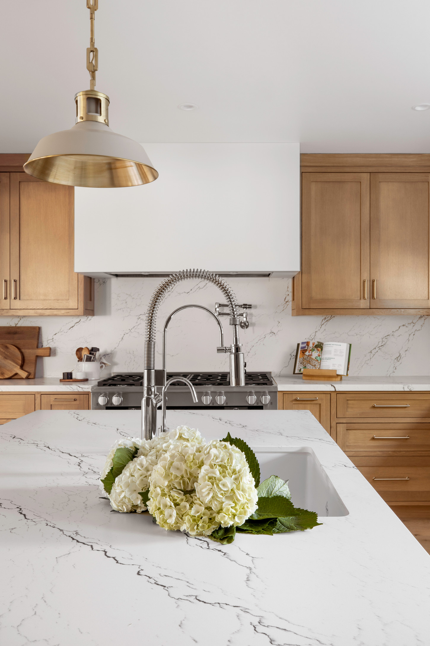 Modern kitchen design with marble sink and tap water filter