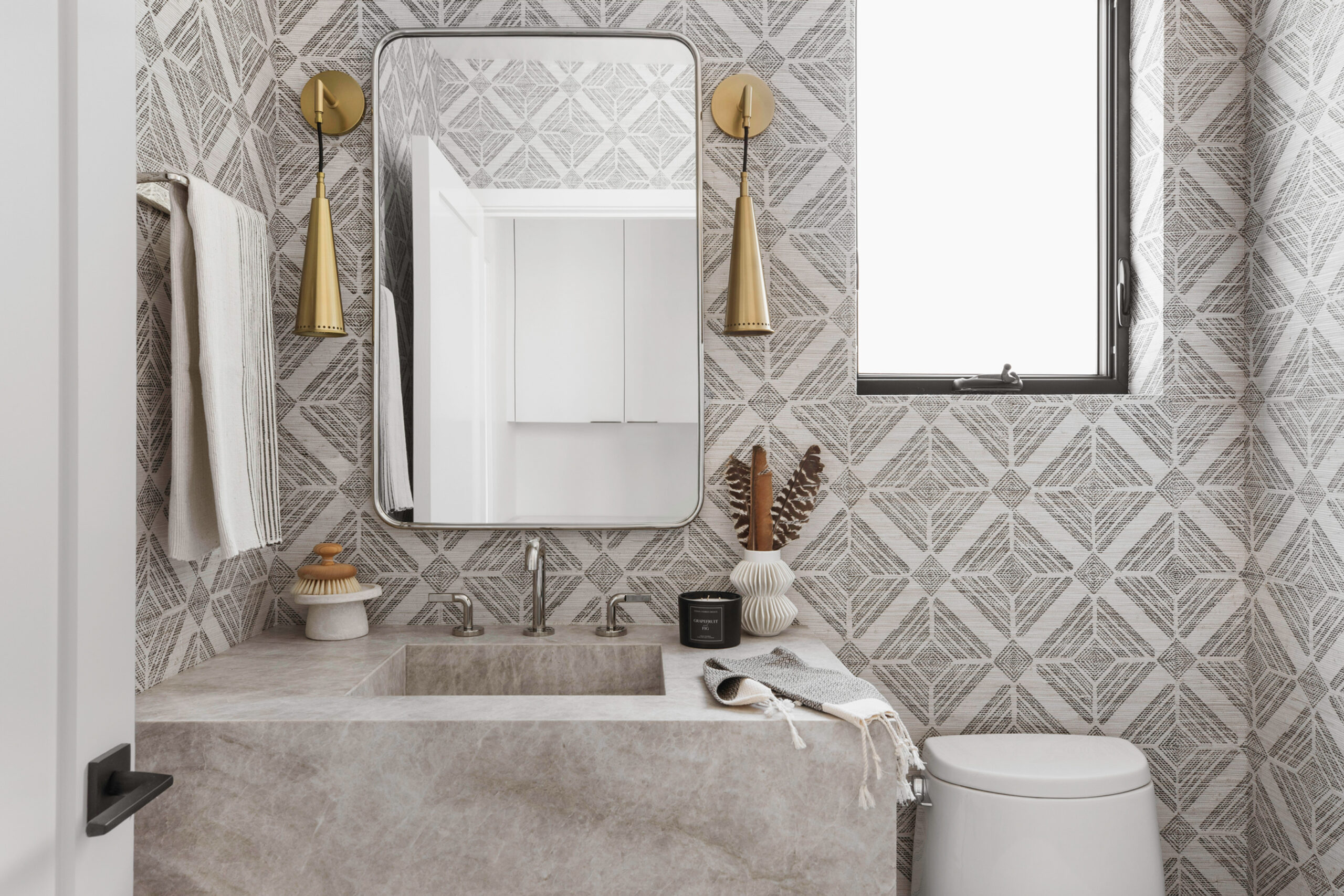 Modern bathroom design with marble sink and mirror