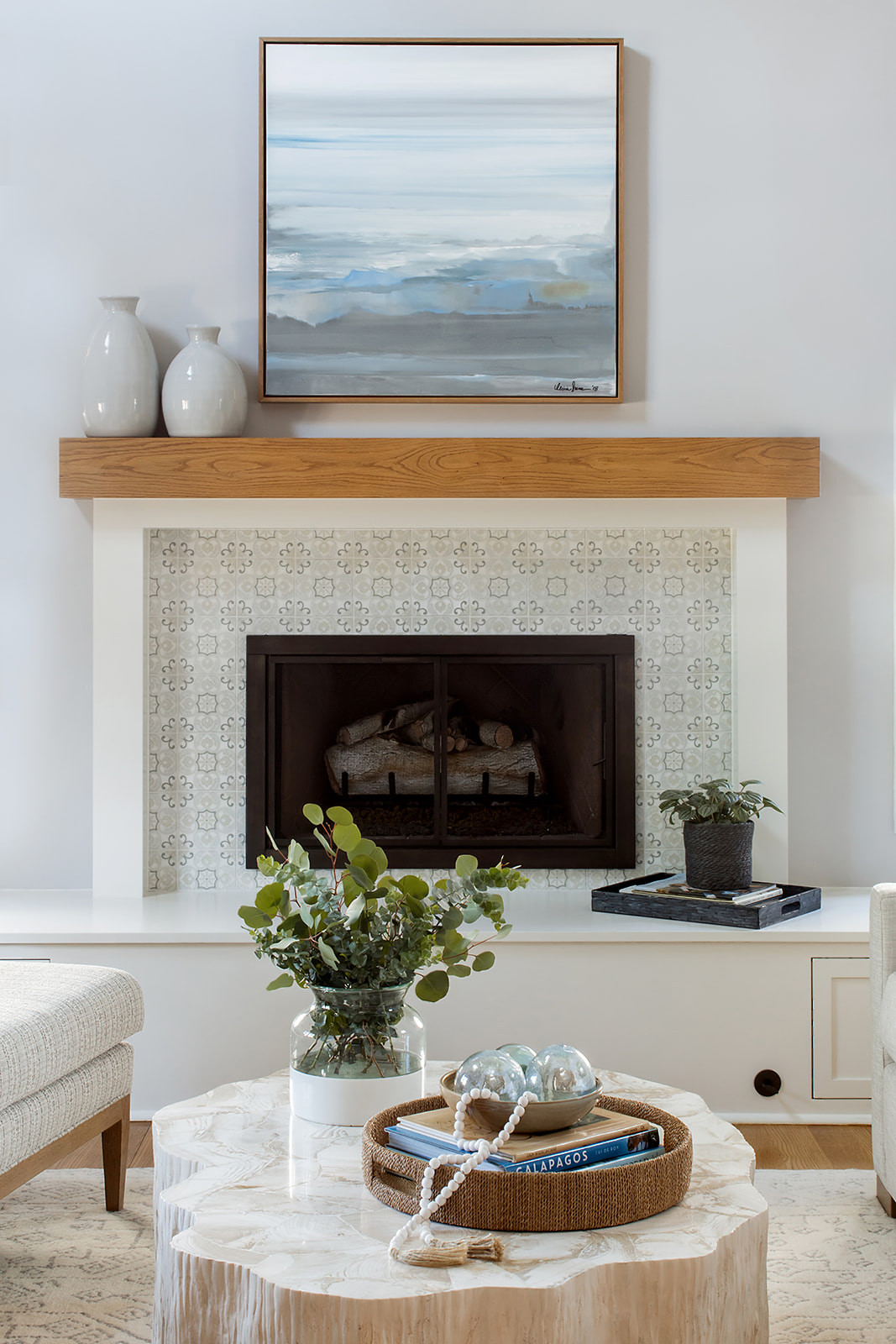 Living room decoration with fireplace and TV stand