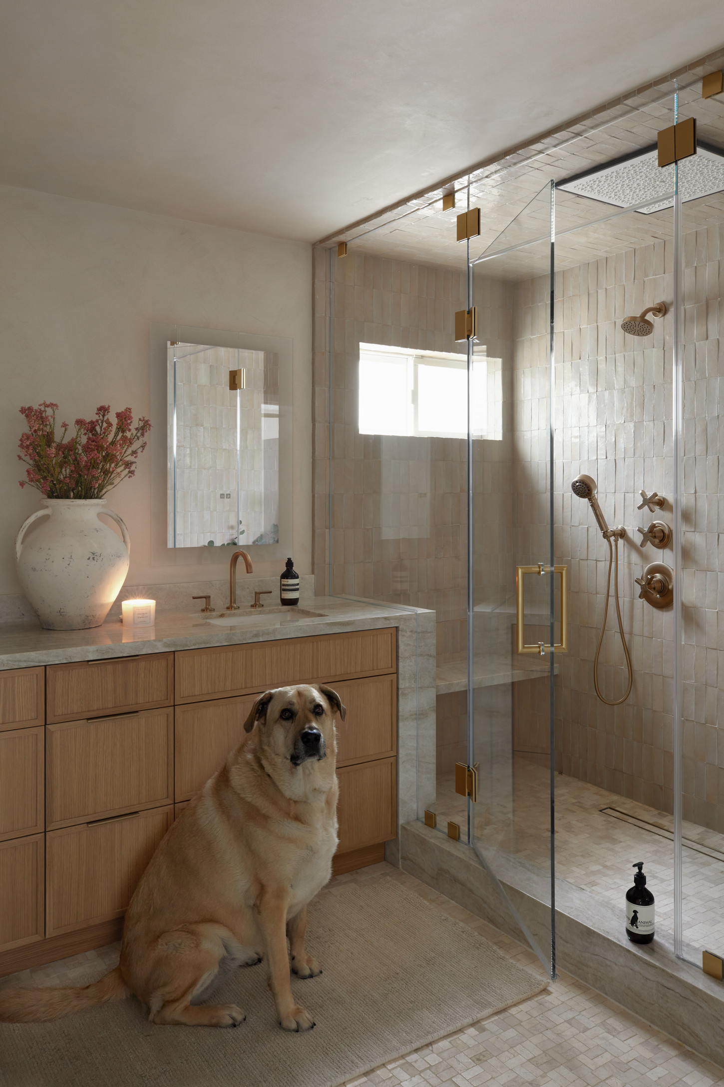 A pet sitting infront of a well decorated bathroom